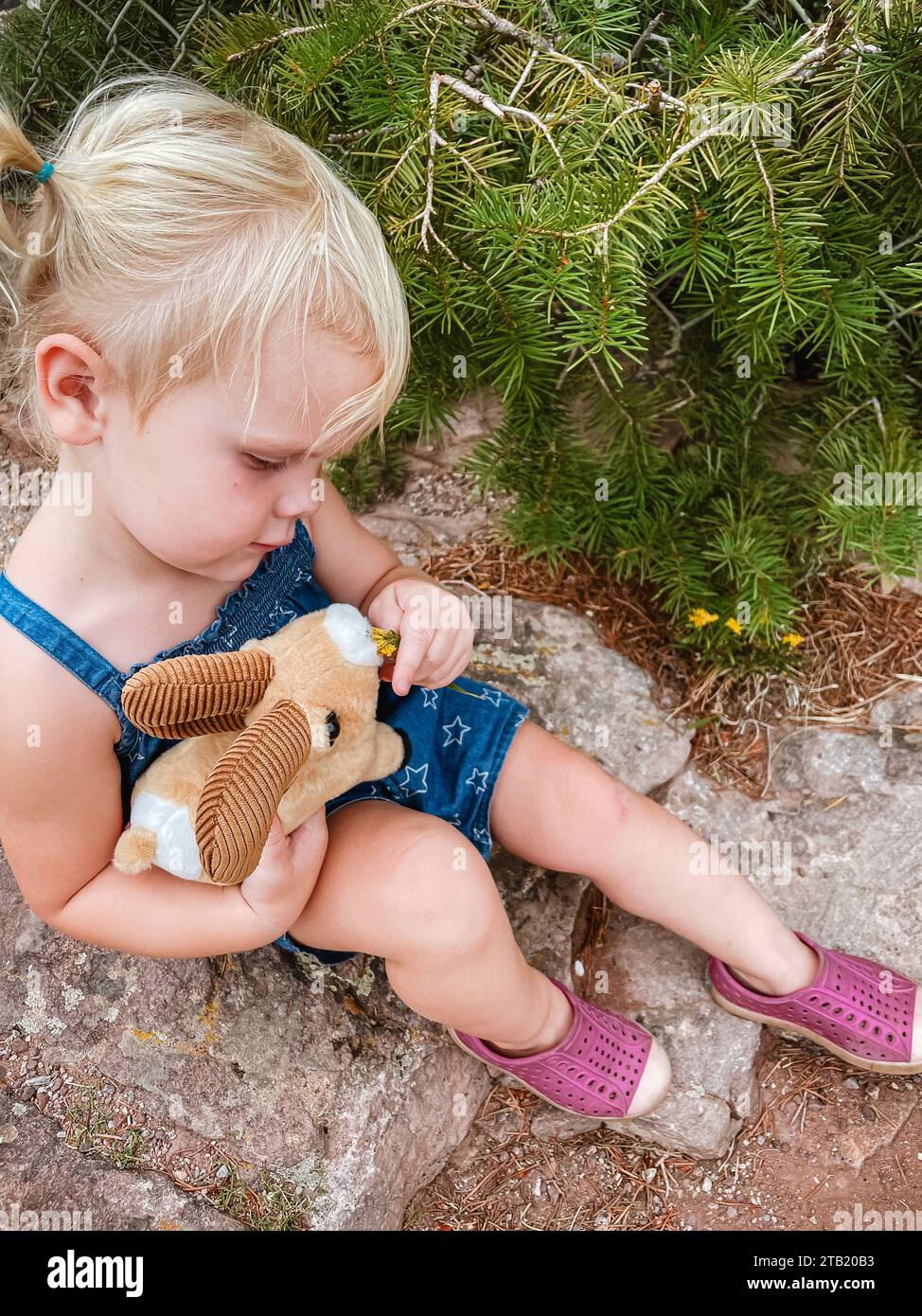 Un bambino carino che dà da mangiare al giocattolo di animali ripieni in natura Foto Stock