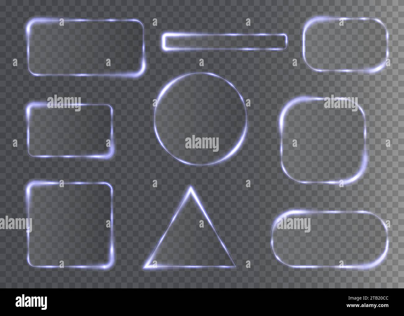 Collezione di futuristiche cornici per luci hud. Background tecnologico. Cornici in vetro chiaro quadrate, ovali, rettangolari, triangolari, circolari. Illustrazione vettoriale. EPS 10. Illustrazione Vettoriale