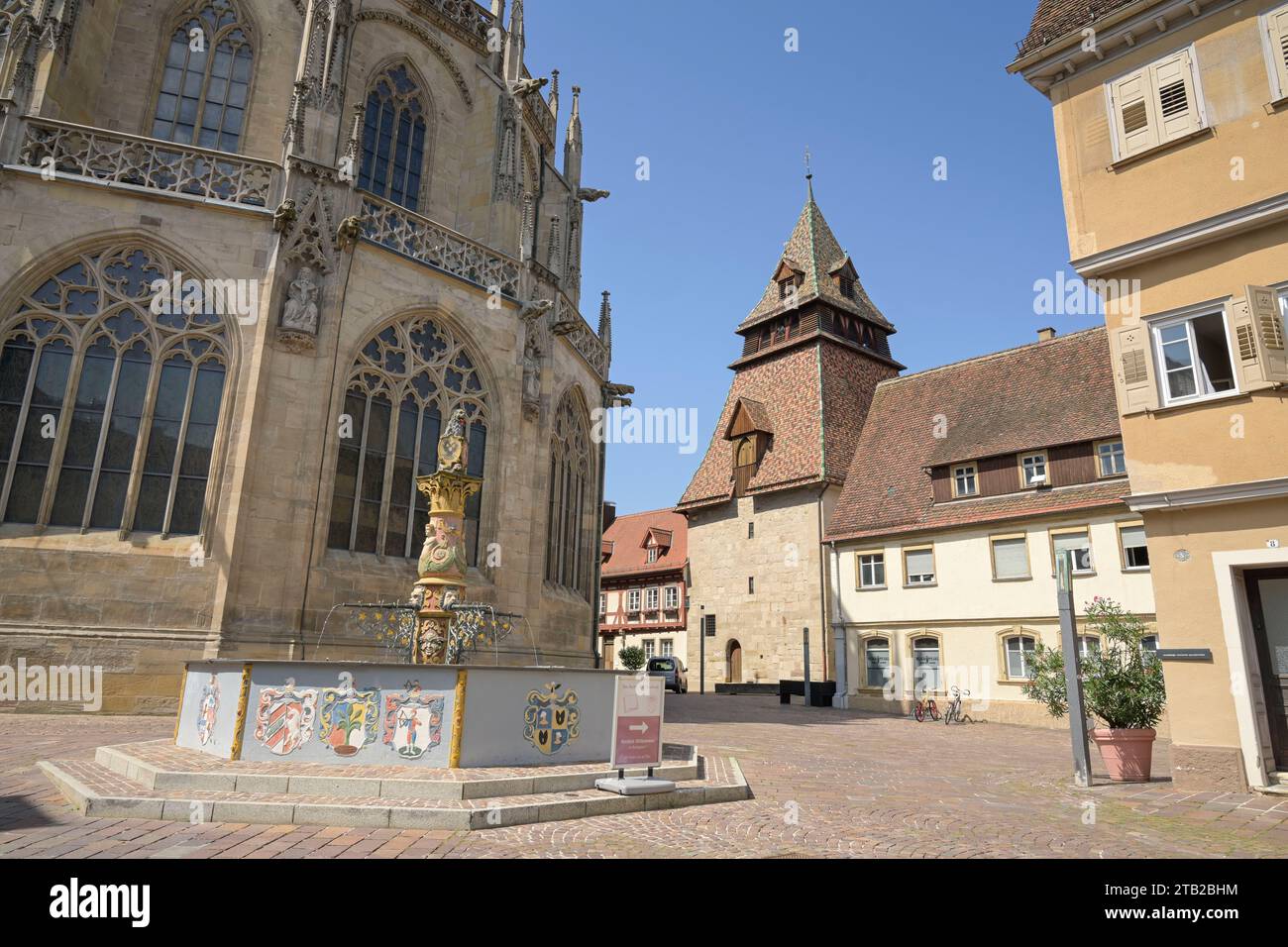 Altbauten, Löwenbrunnen, Heilig-Kreuz-Münster, Altstadt, Schwäbisch Gmünd, Baden-Württemberg, Deutschland Foto Stock
