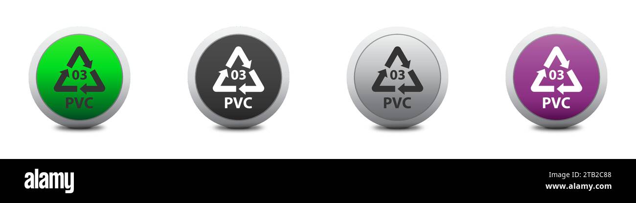 Simbolo del codice di riciclaggio PVC 03. Simbolo icona in polietilene ad alta densità 03 PVC. pulsante rotondo con ombra. Illustrazione vettoriale Illustrazione Vettoriale