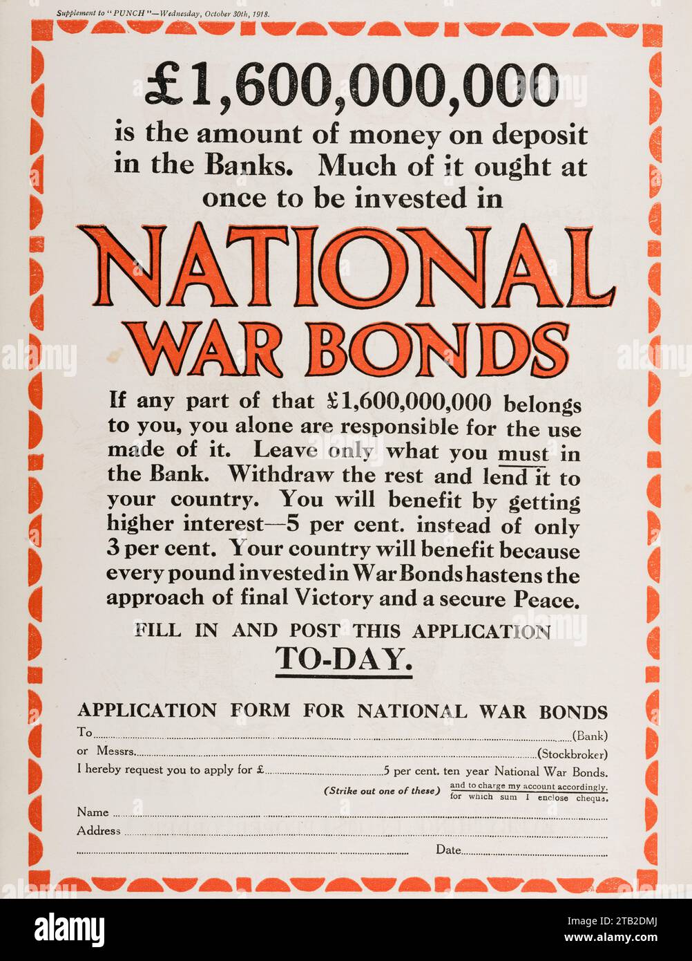 Pubblicità in un numero del 1918 della rivista Punch, esortando i cittadini britannici a investire in titoli di guerra governativi (a un tasso di interesse preferenziale) per aiutare lo sforzo bellico Foto Stock