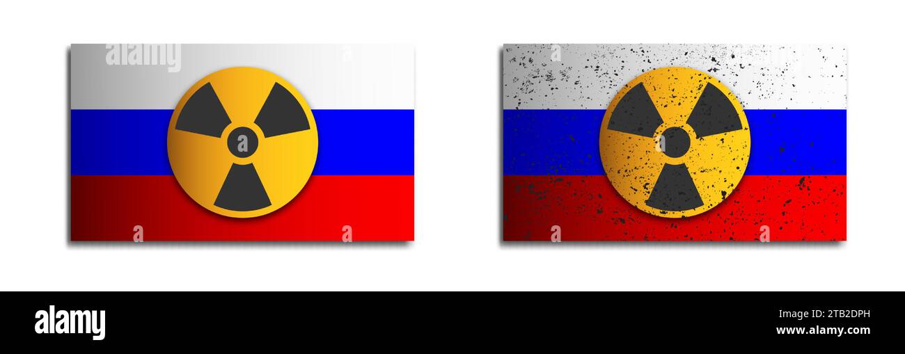 Bandiera russa con simbolo di radiazione. Simbolo di contaminazione radioattiva. Pericolo di guerra nucleare. Illustrazione del vettore piatto Illustrazione Vettoriale