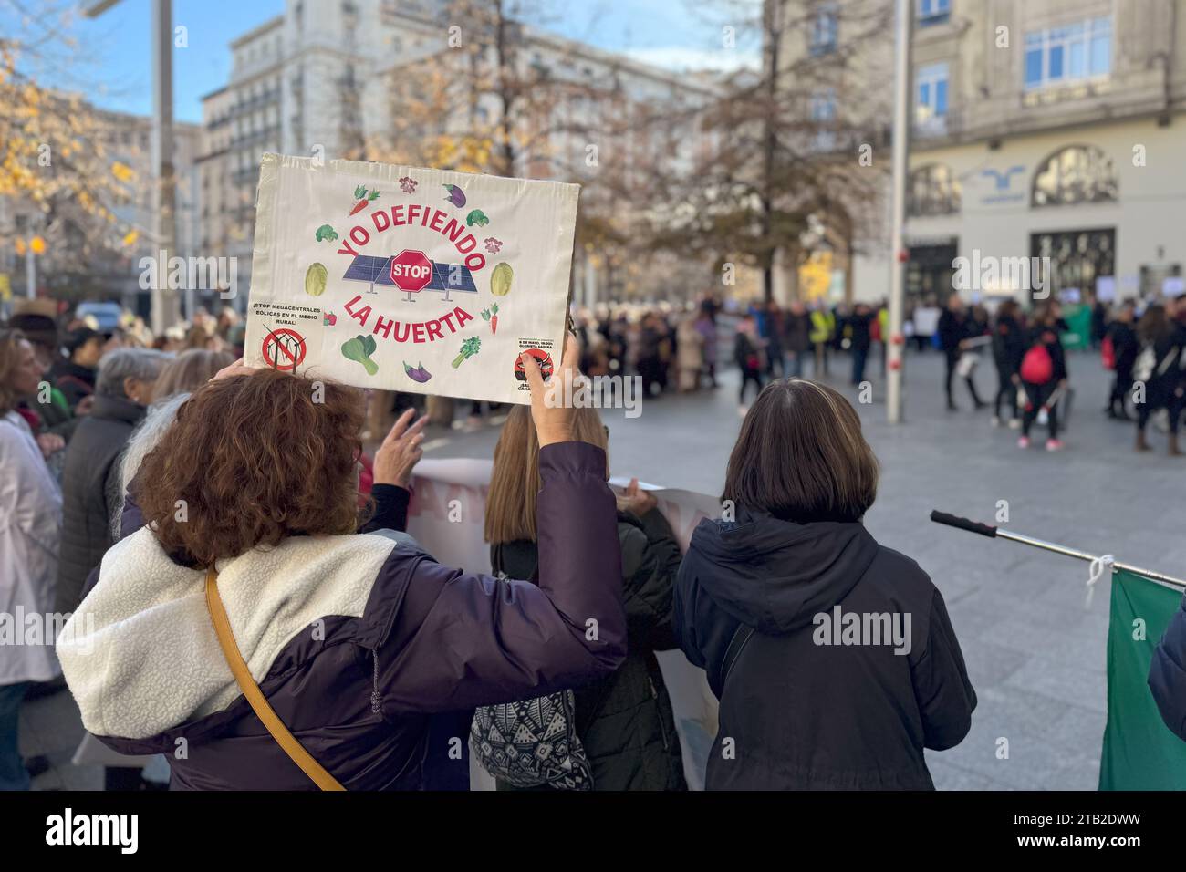 Centinaia di persone partecipano alla marcia in difesa dell'ambiente e mobilitazione per il vertice COP28 sul clima, Saragozza, Aragona, Spagna Foto Stock