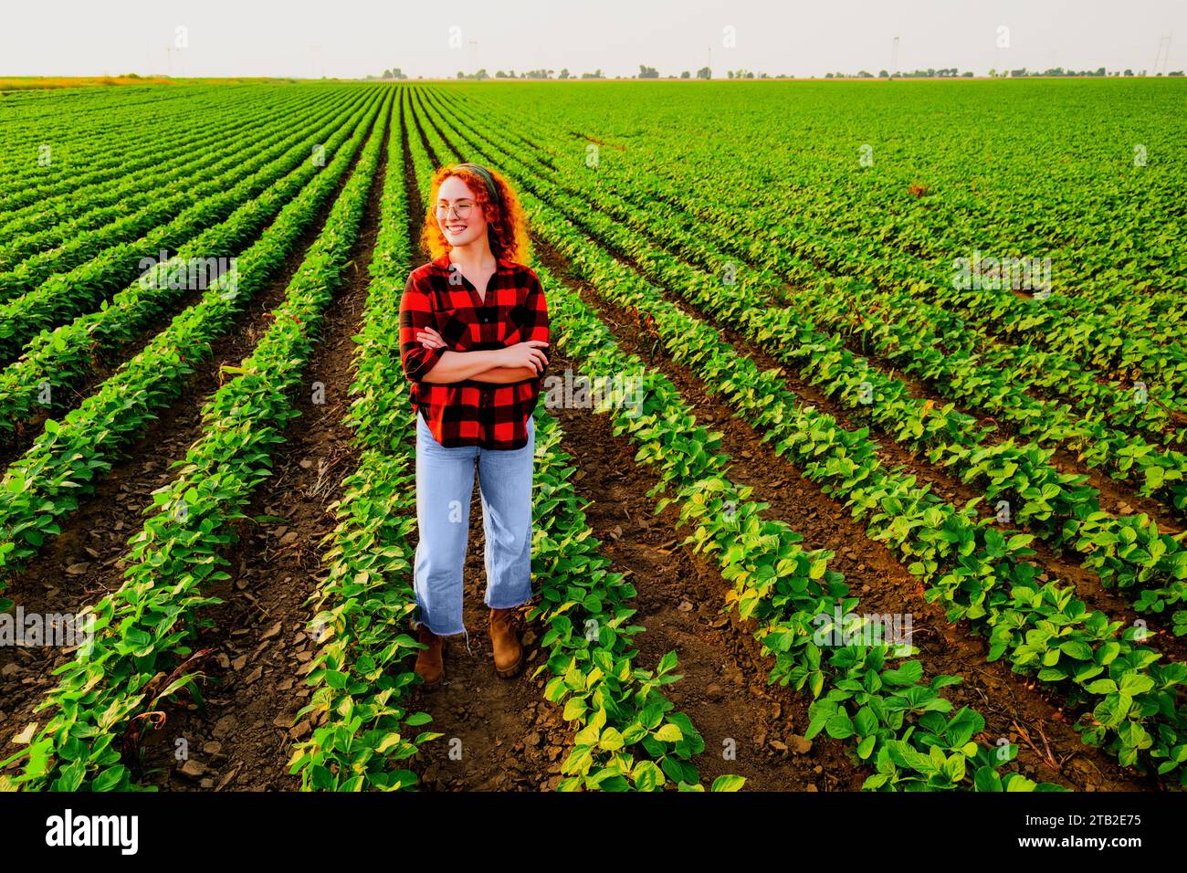 Ritratto di una contadina che sta coltivando soia. È soddisfatta dei buoni progressi delle piante. Occupazione agricola. Foto Stock