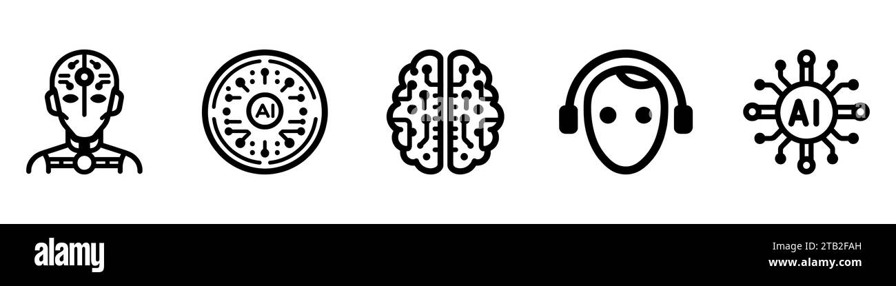 set di icone dell'intelligenza artificiale in stile lineare, addestramento robot, chip ai, cervello con reti neurali. Illustrazione vettoriale Illustrazione Vettoriale
