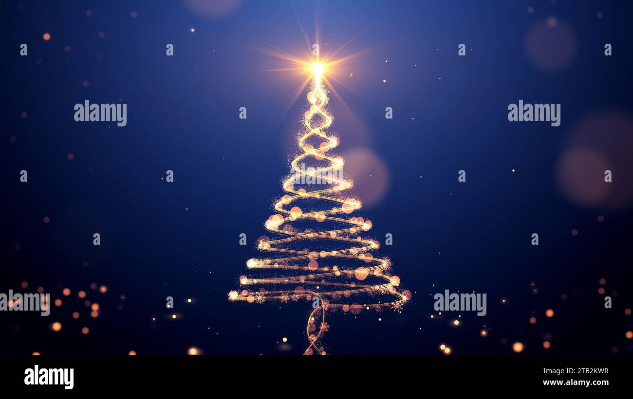 Animazione dorata dell'albero di Natale con particelle che illuminano stelle e fiocchi di neve sul blu. Concetto e contesto delle vacanze Foto Stock