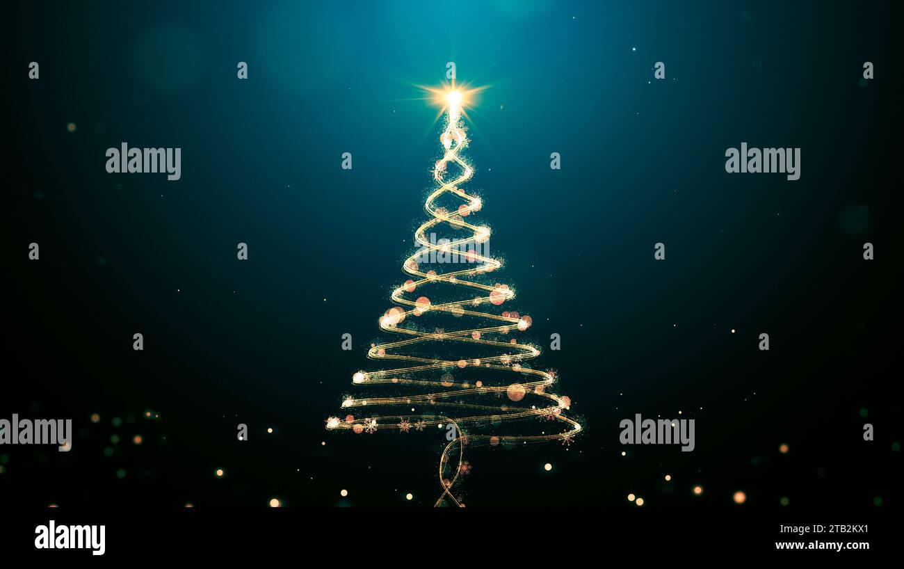 Animazioni dorate dell'albero di Natale con particelle che illuminano stelle e fiocchi di neve sul verde. Concetto e contesto delle vacanze Foto Stock