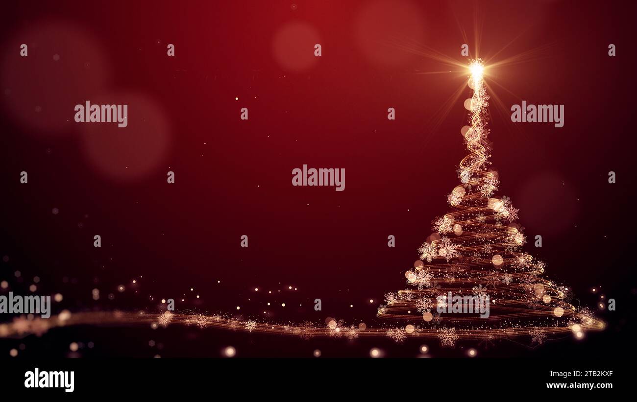 Animazioni dorate dell'albero di Natale con particelle che illuminano stelle e fiocchi di neve sul rosso. Concetto e contesto delle vacanze Foto Stock
