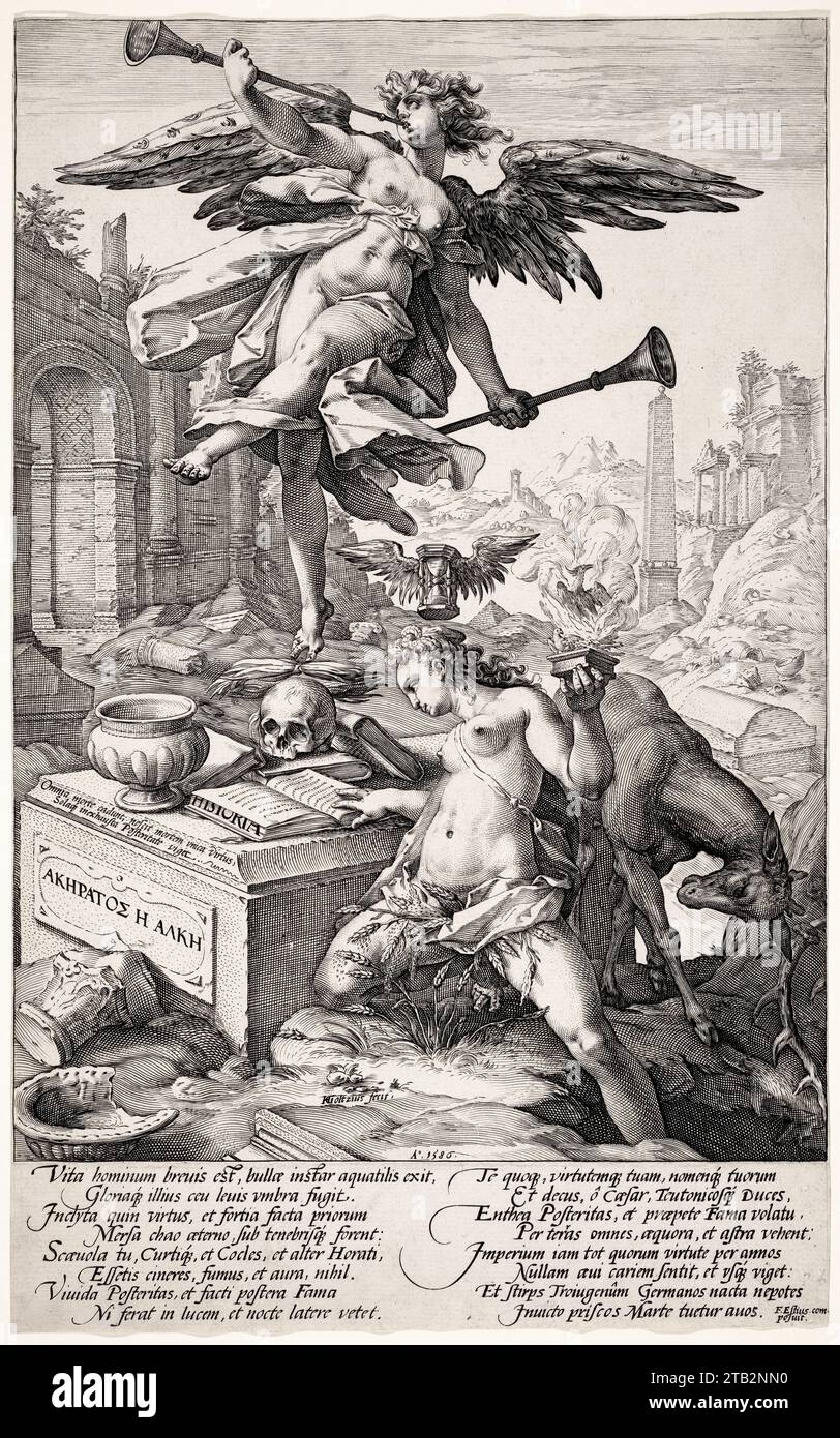 Hendrick Goltzius, The Allegory of Fame and History, incisione, 1586 Foto Stock
