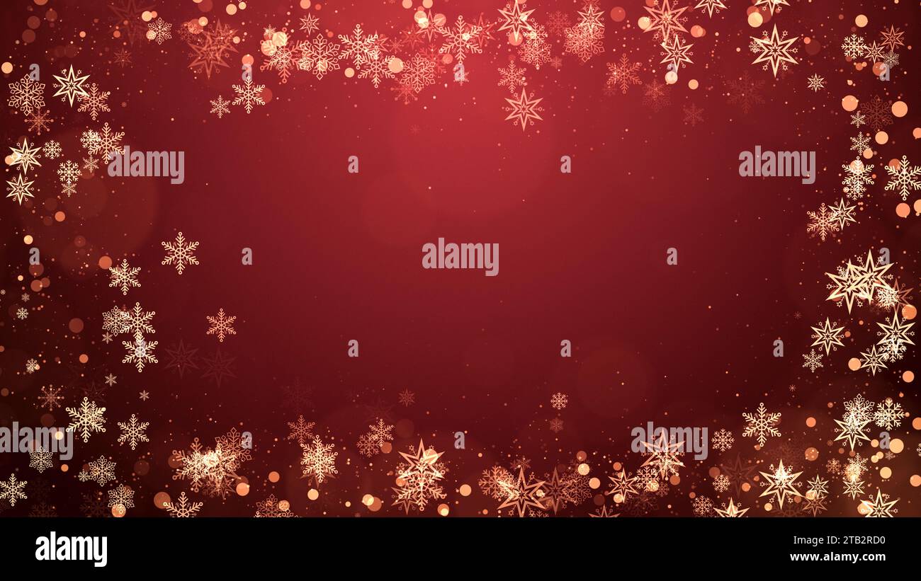 Cornice di fiocchi di neve natalizi con luci e particelle su sfondo rosso. Concetto di cornice inverno, Natale, Capodanno, festività. Foto Stock
