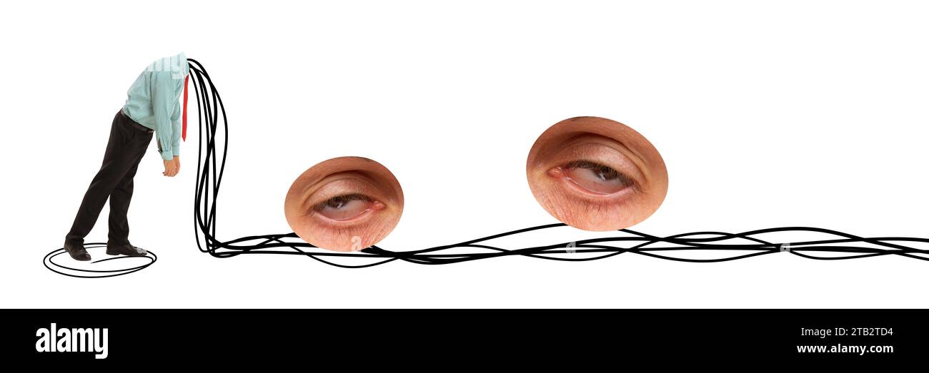Banner. Collage d'arte contemporanea. Un giovane frustrato senza testa ha perso la strada e vaga sonnolento e sconvolto sullo sfondo bianco. Foto Stock
