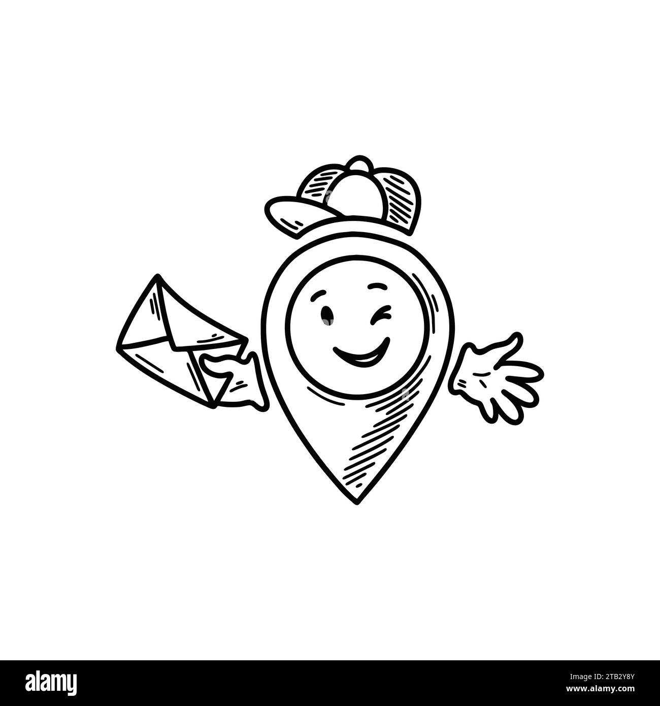 Simpatica emoji da spilla per la posizione dell'ufficio di consegna degli scarabocchi. Punto preciso dello schizzo a mano libera. Emoticon fumetto indirizzo mappa. Personaggio divertente e sorridente Illustrazione Vettoriale