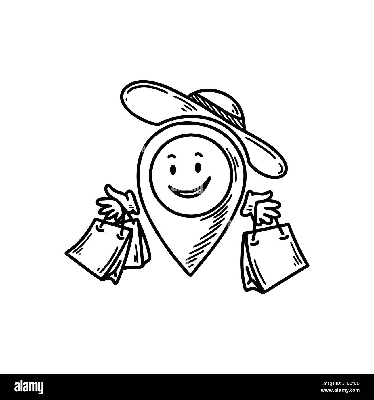 Emoji da spilla per la posizione del negozio di doodle. Punto preciso dello schizzo a mano libera. Emoticon fumetto indirizzo mappa. Personaggio divertente e sorridente Illustrazione Vettoriale