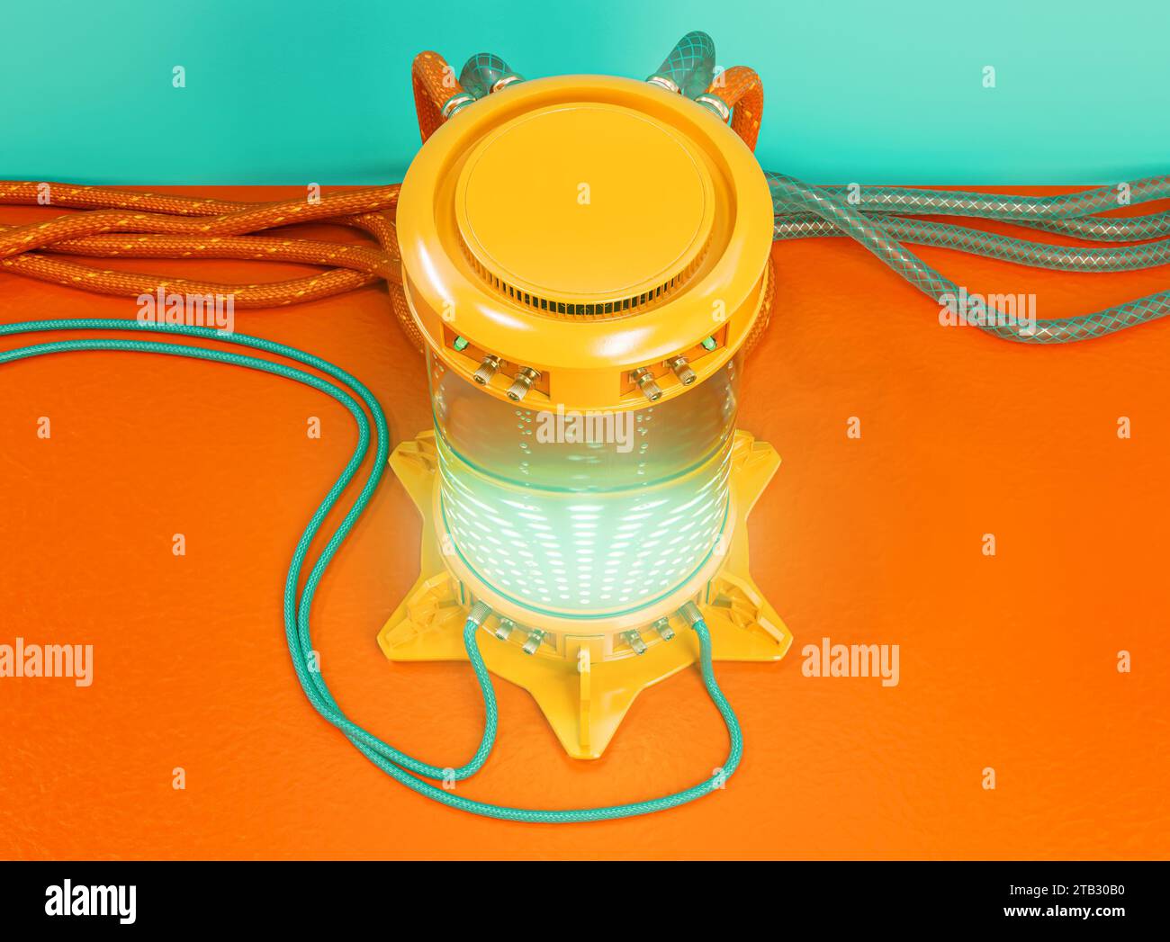 Una macchina criogenica per provette criogeniche da laboratorio futuristico dai colori brillanti riempita di liquido e bolle con cavi collegati e tubi in gomma - Foto Stock