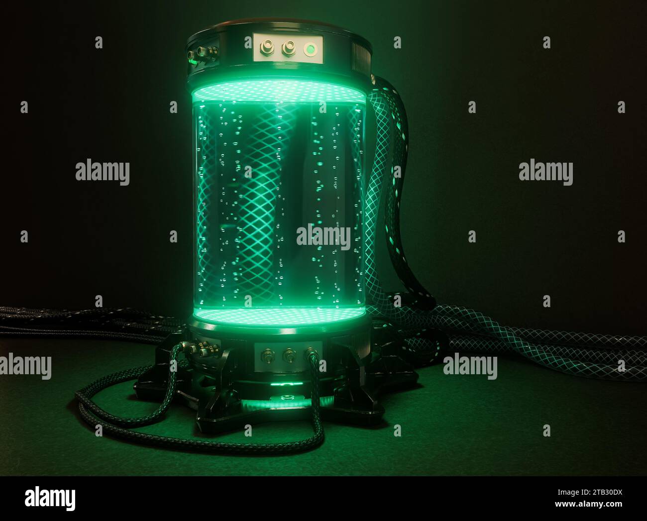 Una macchina per provette criogeniche per laboratori scientifici futuristici e scuri riempita di liquido incandescente e bolle con cavi collegati e tubi in gomma - 3D r Foto Stock