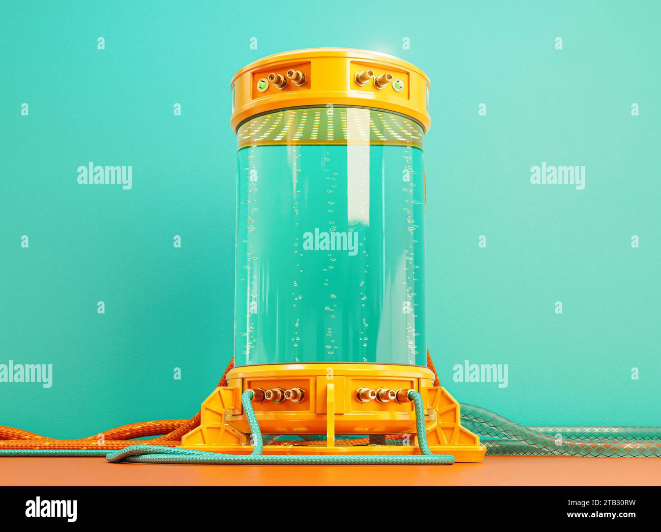 Una macchina criogenica per provette criogeniche da laboratorio futuristico dai colori brillanti riempita di liquido e bolle con cavi collegati e tubi in gomma - Foto Stock