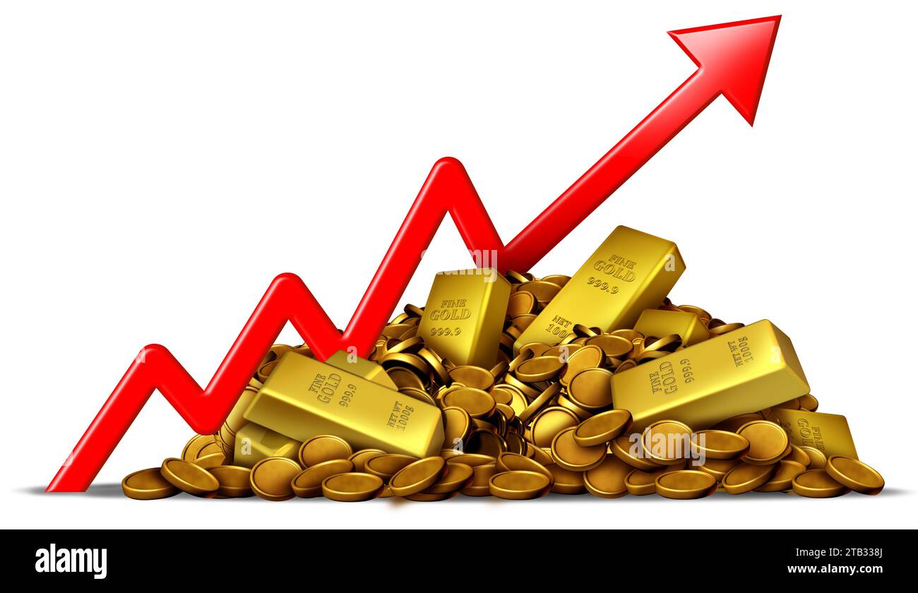L'aumento del prezzo dell'oro e l'aumento del prezzo delle materie prime Bullion o l'aumento dei metalli preziosi come mercato azionario che opera come un bene rifugio sicuro o un'incertezza economica Foto Stock