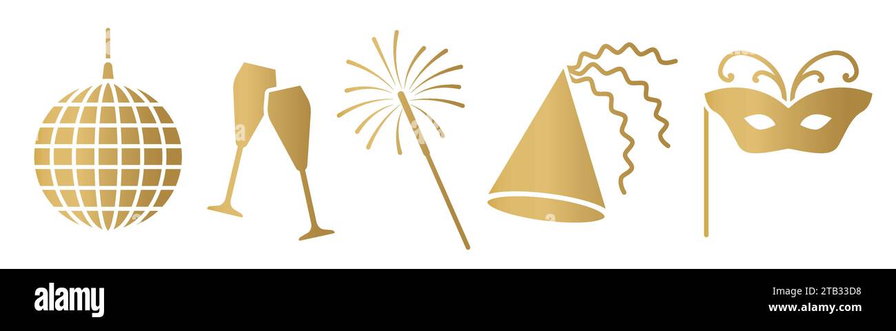 Elementi per festeggiare il Capodanno d'oro: Ballo da discoteca, bicchieri da champagne, cappello da festa e maschera di carnevale, scintillanti, illustrazione vettoriale, illustrazione vettoriale Illustrazione Vettoriale