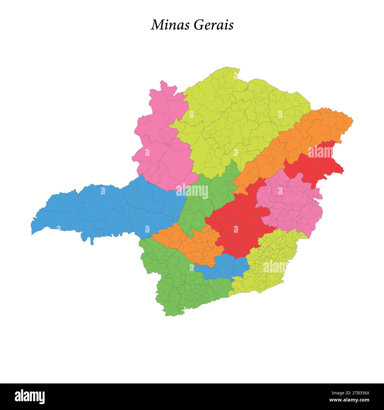 Mappa colorata di Minas Gerais, stato del Brasile, con confini regioni e comuni Illustrazione Vettoriale