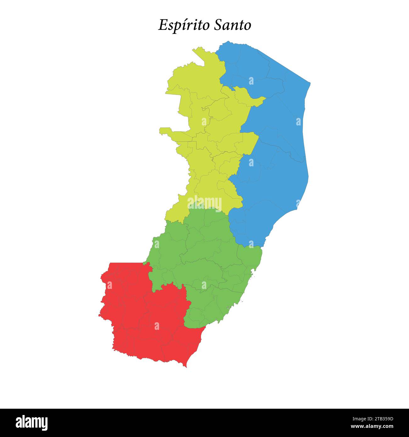 Mappa colorata di Espirito Santo, stato del Brasile, con confini regioni e comuni Illustrazione Vettoriale