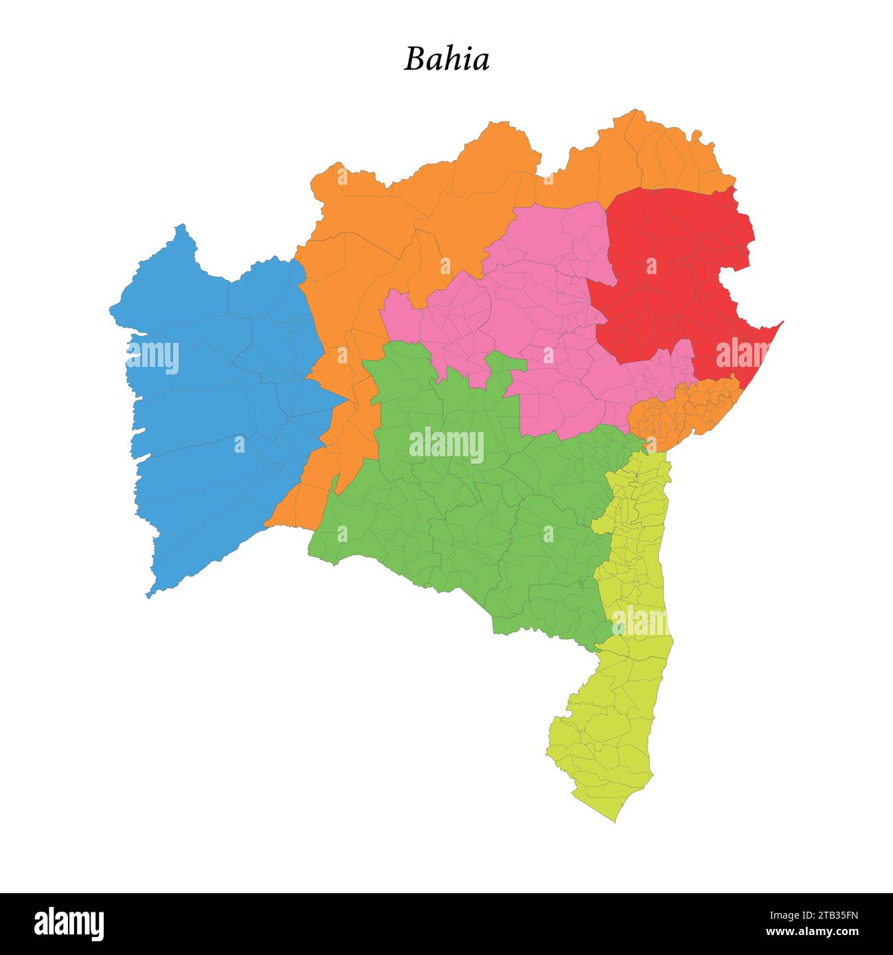 Mappa colorata di Bahia, stato del Brasile, con confini regioni e comuni Illustrazione Vettoriale