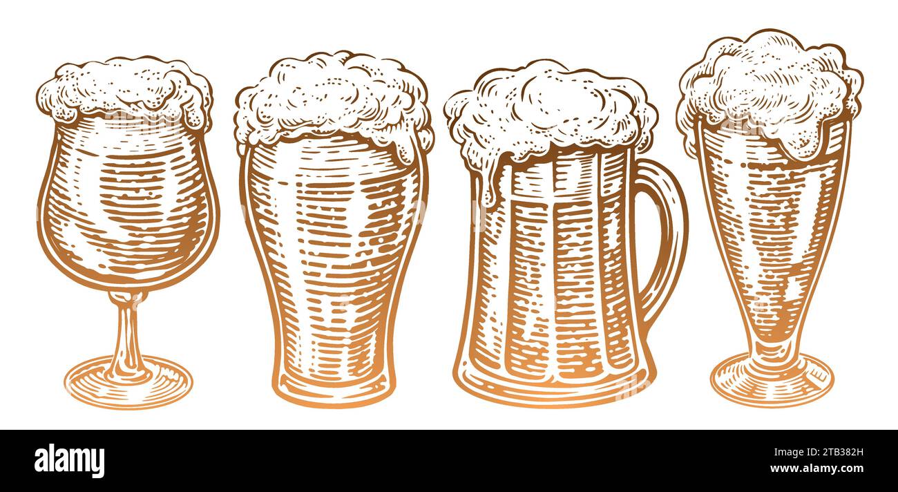 Set di bicchieri da birra e tazze disegnate a mano in stile vintage. Illustrazione del vettore di schizzo Illustrazione Vettoriale