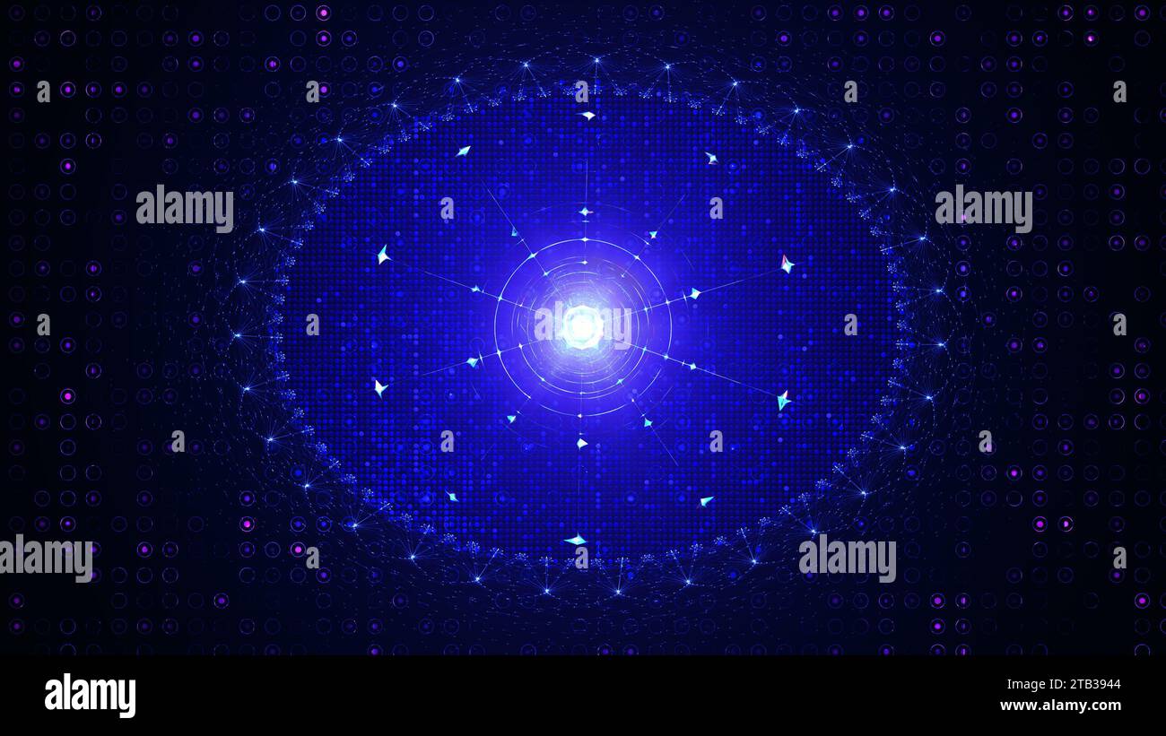 Un nucleo di computer quantistico luminoso, alimentato dall'energia nucleare, con onde di dati che fluiscono in un pattern ritmico Foto Stock