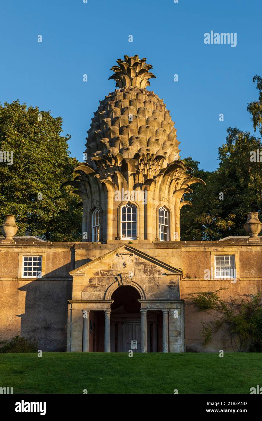Considerato l'edificio più bizzarro della Scozia, il Dunmore Pineapple del XVIII secolo si trova a Dunmore Foto Stock