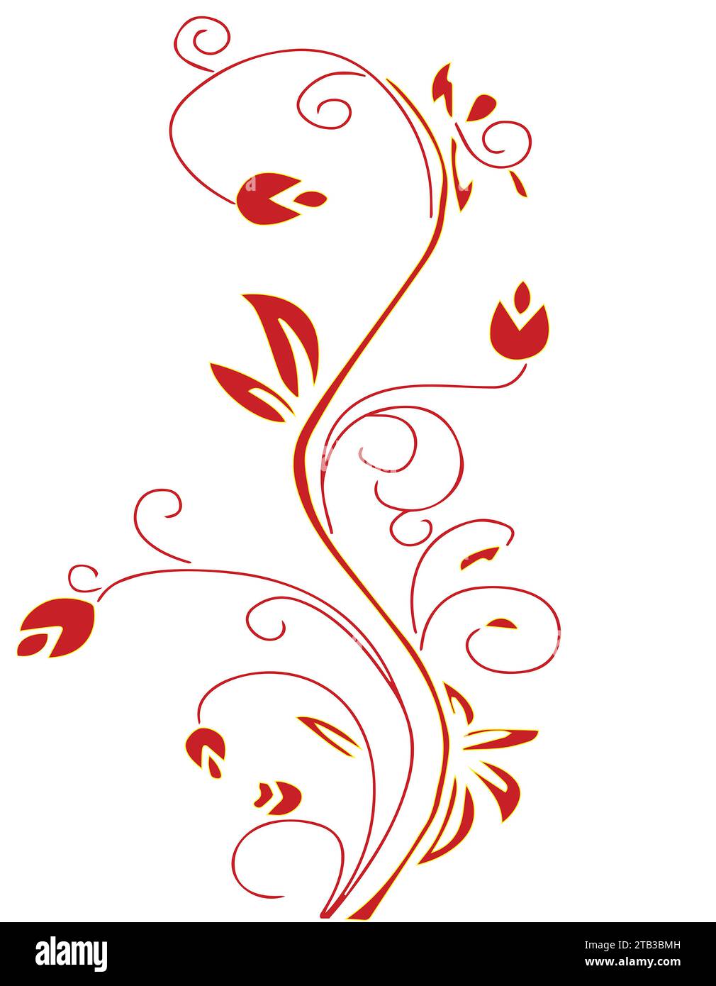 Fiori rossi e foglie rosse su uno stelo rosso. Il motivo floreale è su sfondo bianco Foto Stock