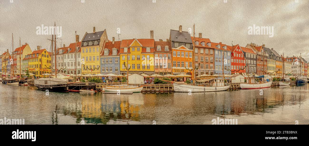 Panorama di Nyhavn con case colorate e barche ormeggiate al molo, Copenaghen, 25 novembre 2023 Foto Stock