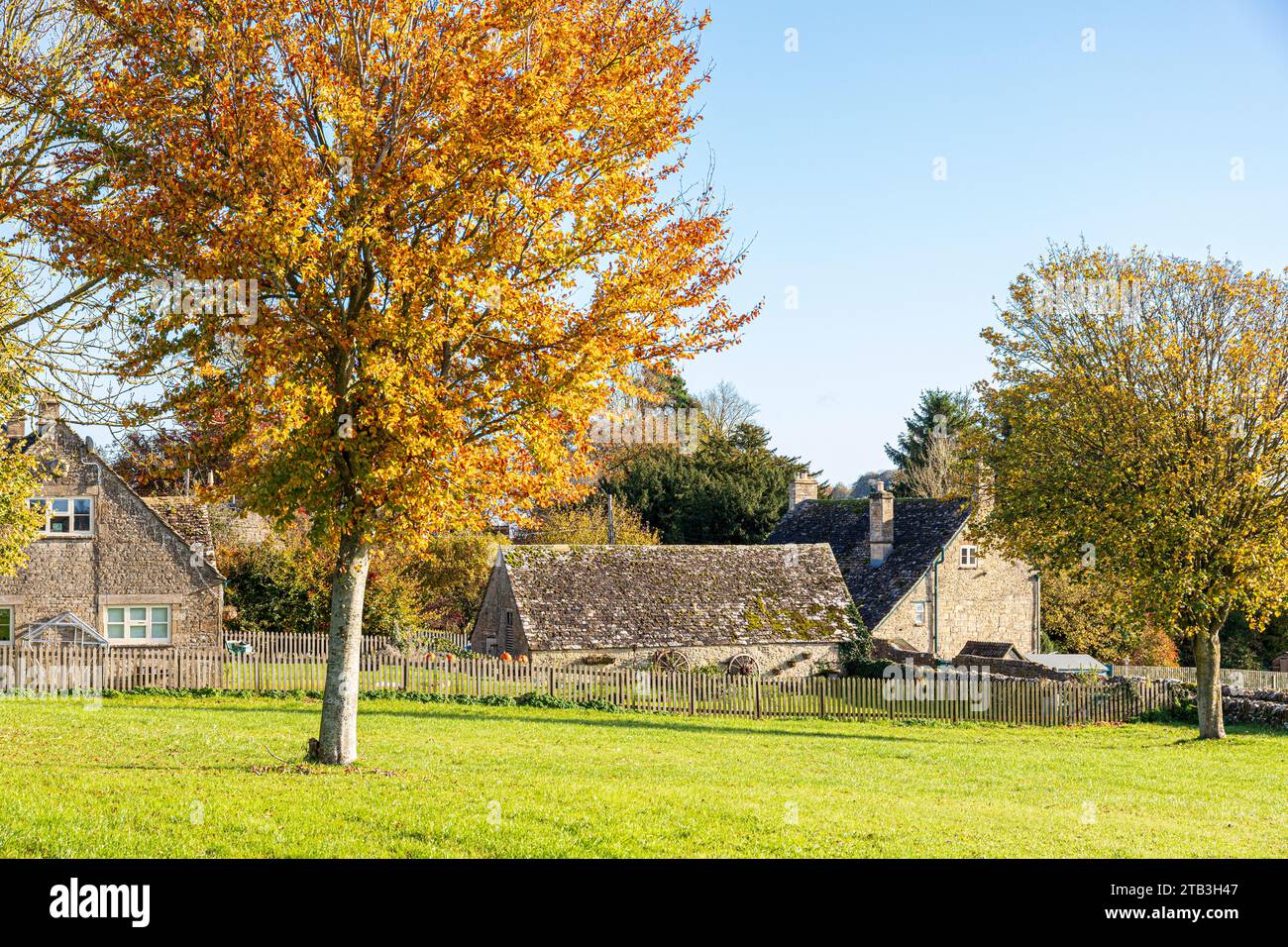 Colori autunnali nel villaggio Cotswold di Yanworth, Gloucestershire, Inghilterra, Regno Unito Foto Stock