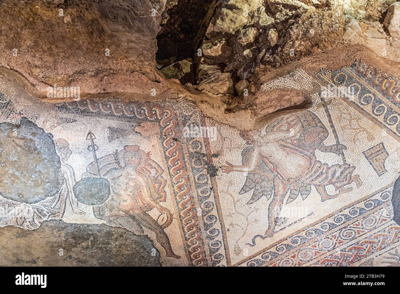 Mosaici romani a Chedworth Roman Villa vicino al villaggio Cotswold di Yanworth, Gloucestershire, Inghilterra Regno Unito Foto Stock