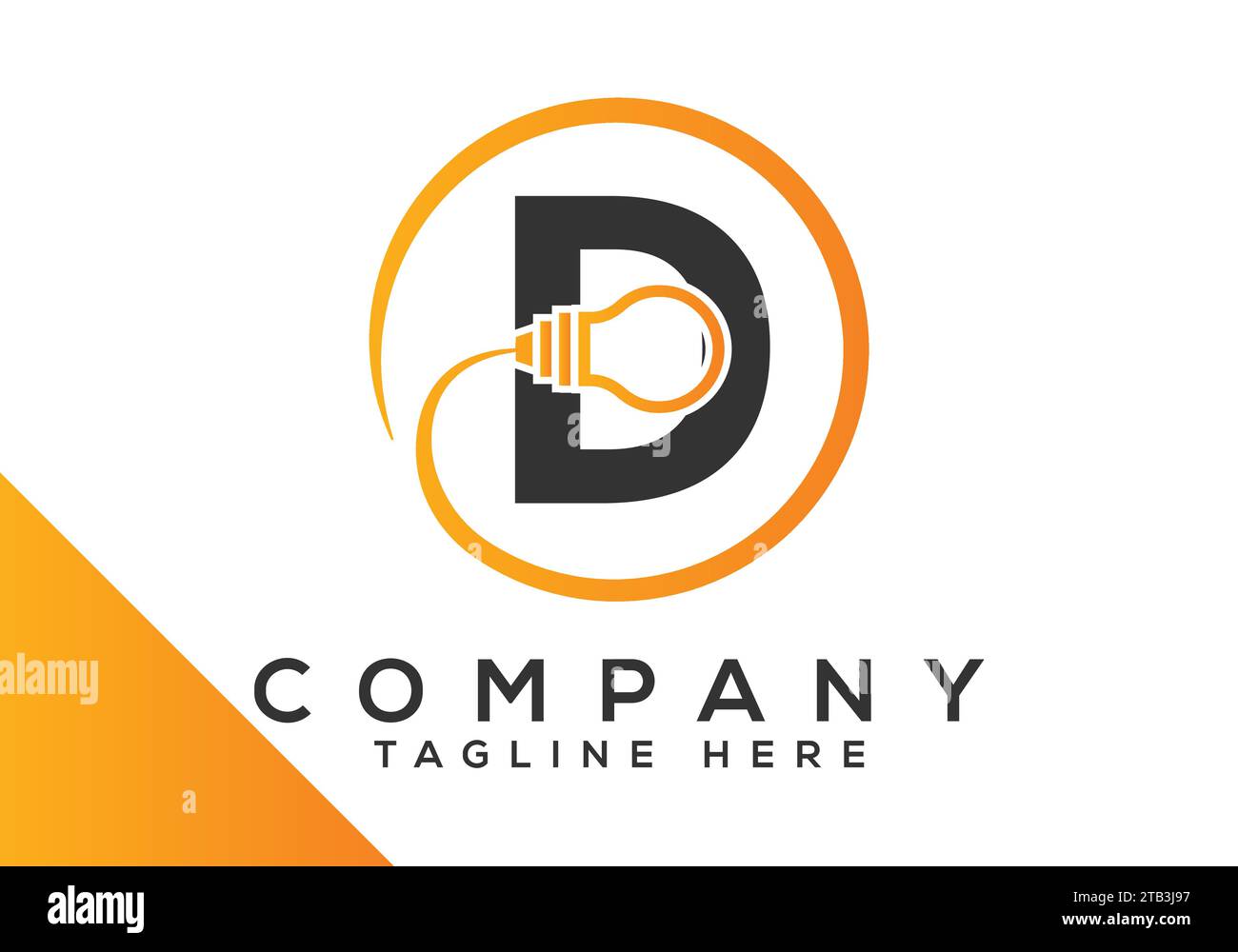 Modello vettoriale di progettazione di lampadine elettriche lettera D. simboli del logo industriale e tecnologico Illustrazione Vettoriale