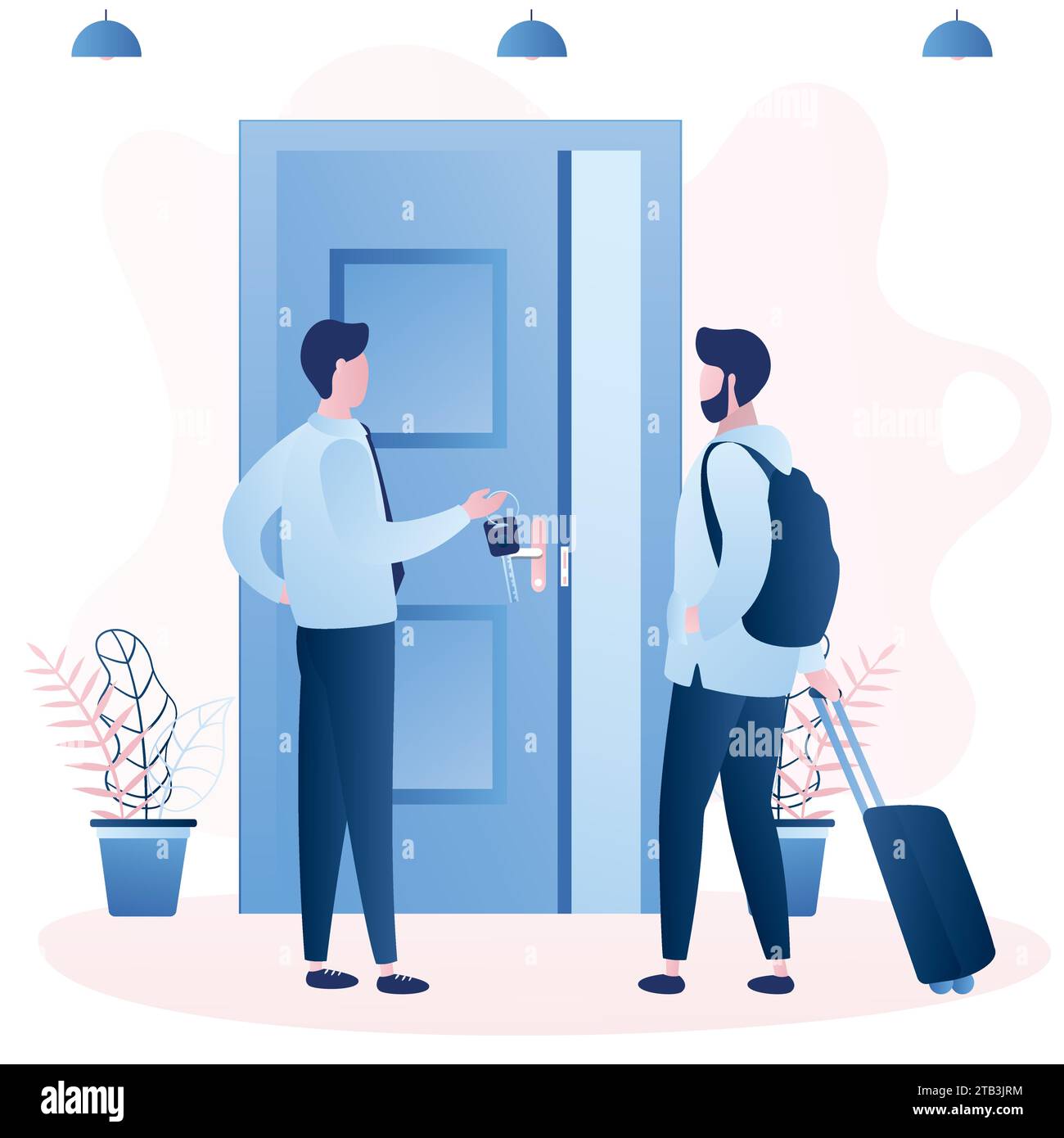Viaggiando, turisti zaino in spalla affittano un appartamento per le vacanze. Viaggiatore di sesso maschile con portabagagli vicino alla porta aperta, affittare un appartamento per il tempo libero. Proprietario di un cartone animato Illustrazione Vettoriale