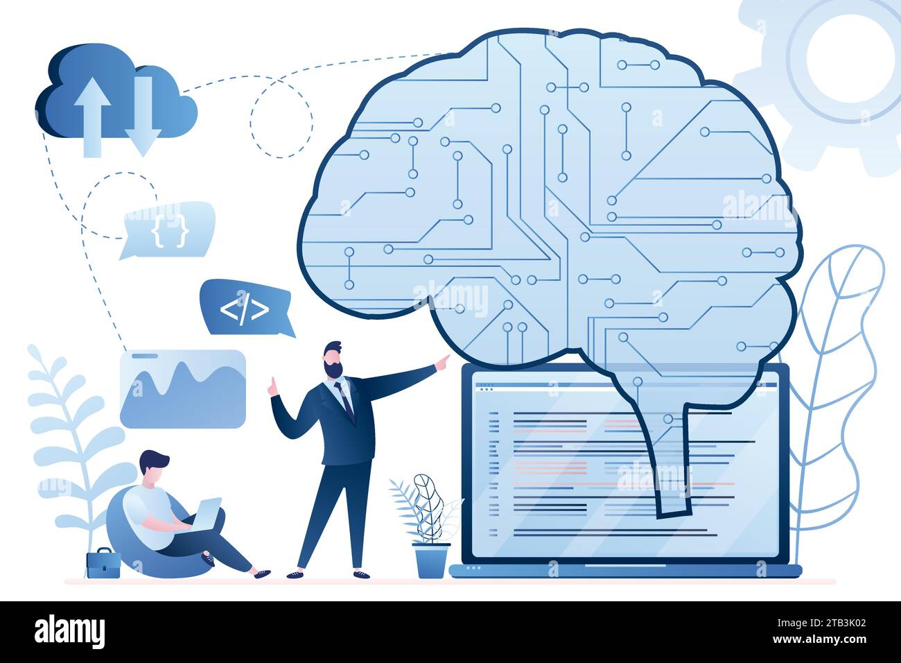 Cervello con circuito digitale e programmatori sul posto di lavoro. Display del computer portatile con righe di codice macchina. Apprendimento automatico, intelligenza artificiale. Digitale Illustrazione Vettoriale