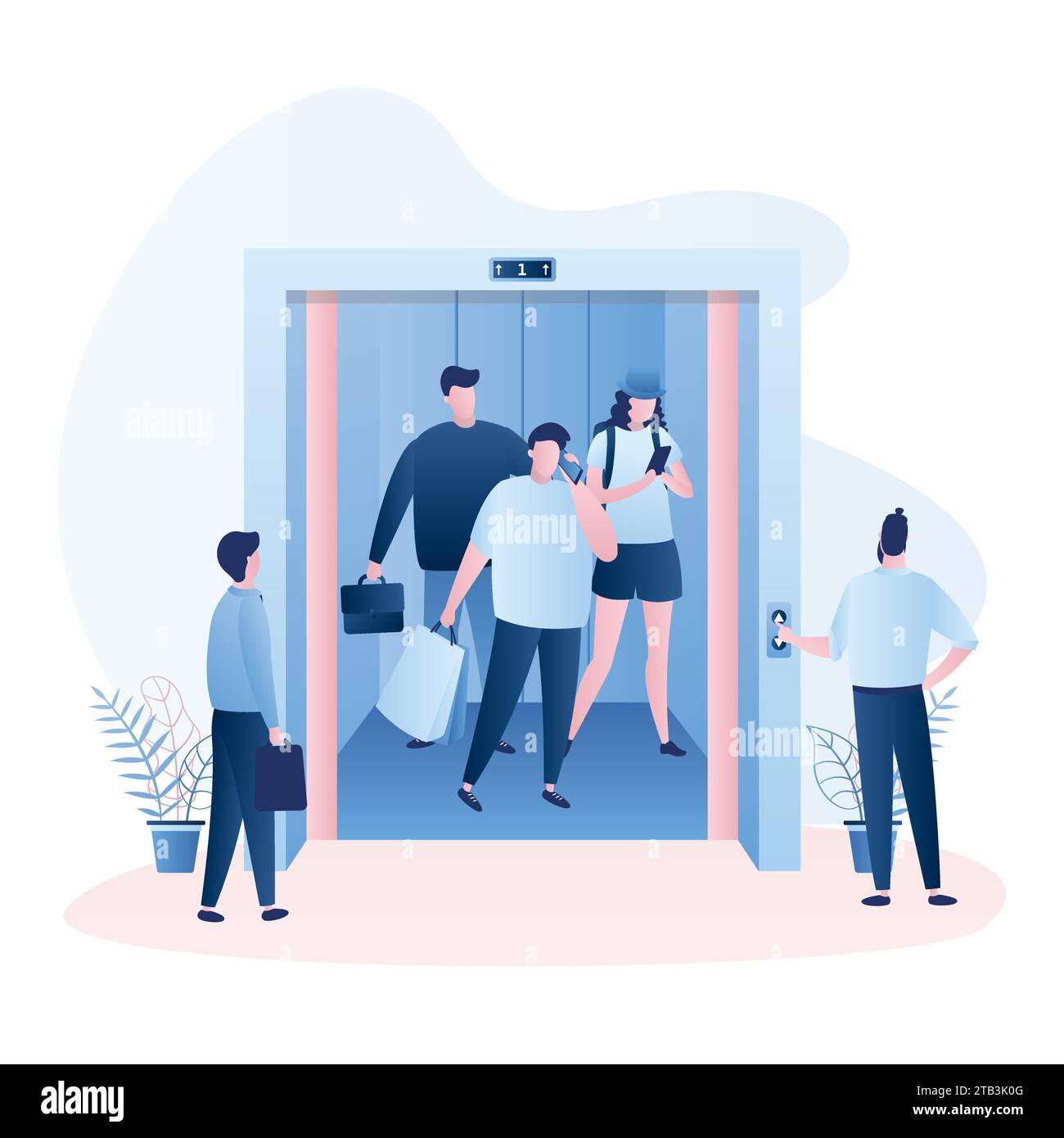 Ascensore con porte aperte, gruppo di persone nell'ascensore e nei dintorni. Corridoio nel centro commerciale o nel business center. Vari uomini d'affari e personaggi Illustrazione Vettoriale