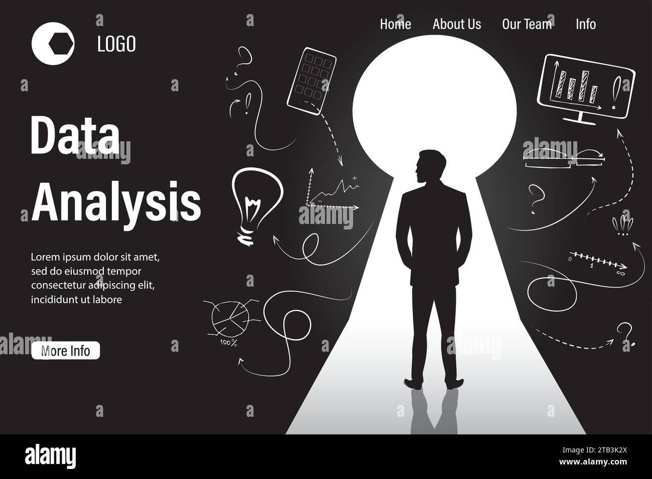 Modello di landing page per l'analisi dei dati. Silhouette analista maschile in piedi davanti al foro della serratura della portiera. Vista posteriore carattere maschile. Uomo che pensa, analizza e plann Illustrazione Vettoriale