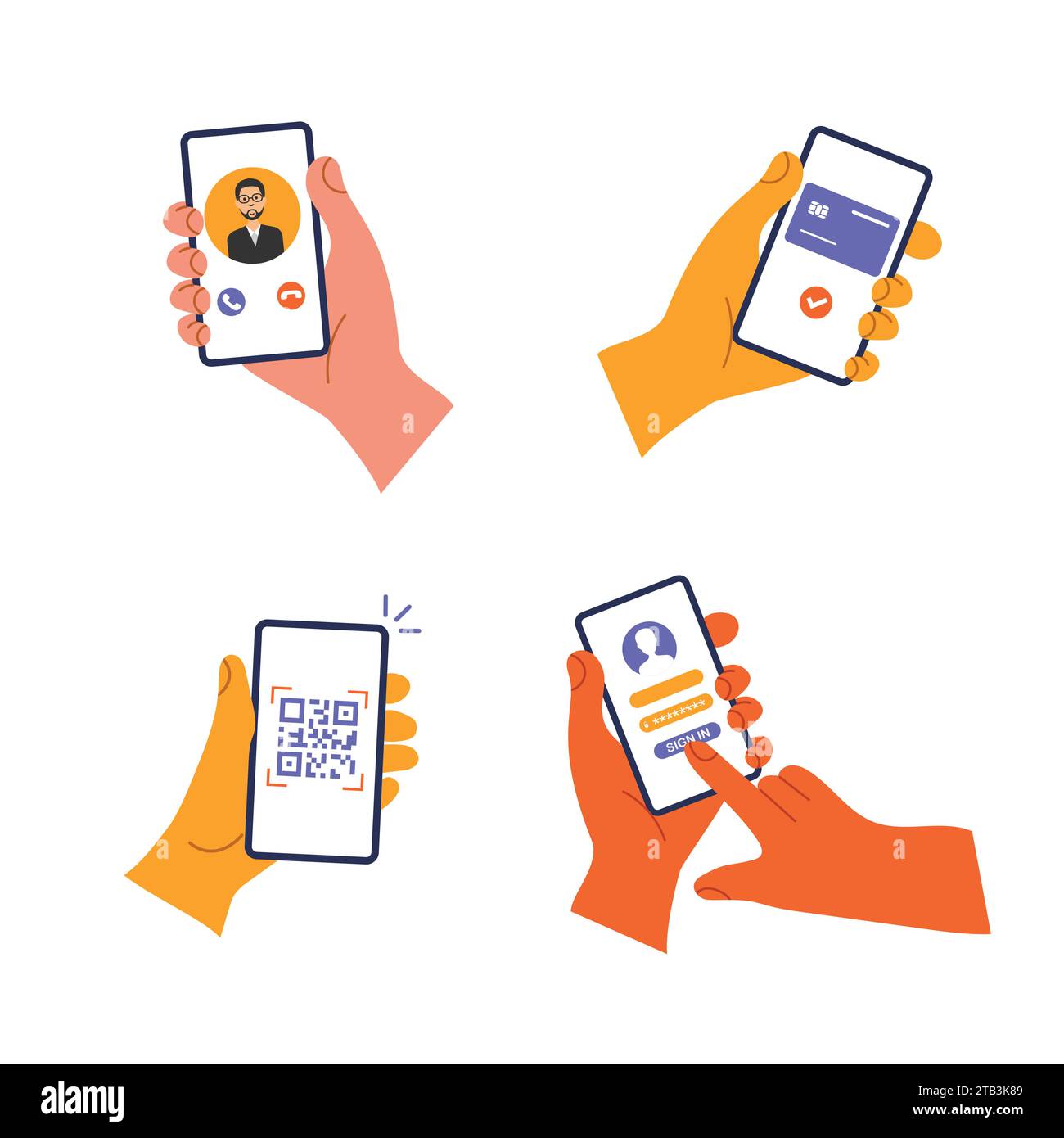 Il set di mani tiene il telefono cellulare con diverse app. Pagamento senza contatto, videochiamata, scansione di codici qr, registrazione dei dati utente. Vettore. Illustrazione Vettoriale