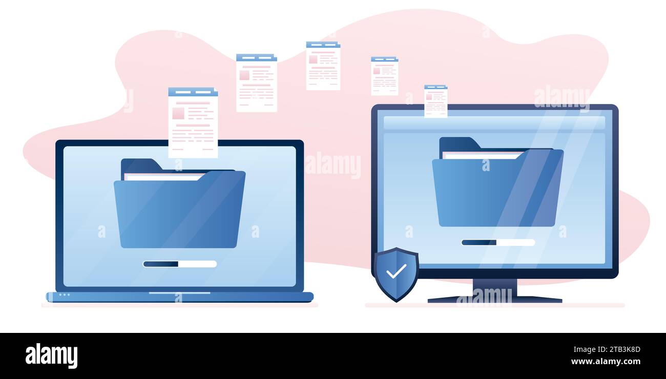 Scambio di file. Moderno display per laptop e pc. Copia di file tra dispositivi. Caricamento e download di cartelle e documenti in background. Flat Vect Illustrazione Vettoriale