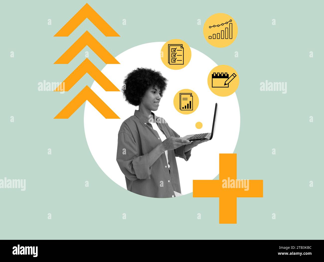 Collage con una donna e un notebook. Gestione aziendale, pianificazione e reporting. Foto Stock