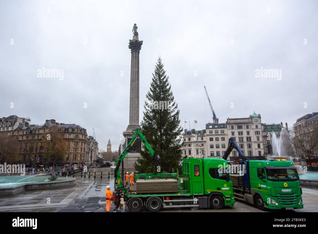 Londra, Inghilterra, Regno Unito. 4 dicembre 2023. Il tradizionale albero di Natale è stato installato a Trafalgar Square. (Immagine di credito: © Tayfun salci/ZUMA Press Wire) SOLO USO EDITORIALE! Non per USO commerciale! Crediti: ZUMA Press, Inc./Alamy Live News Foto Stock