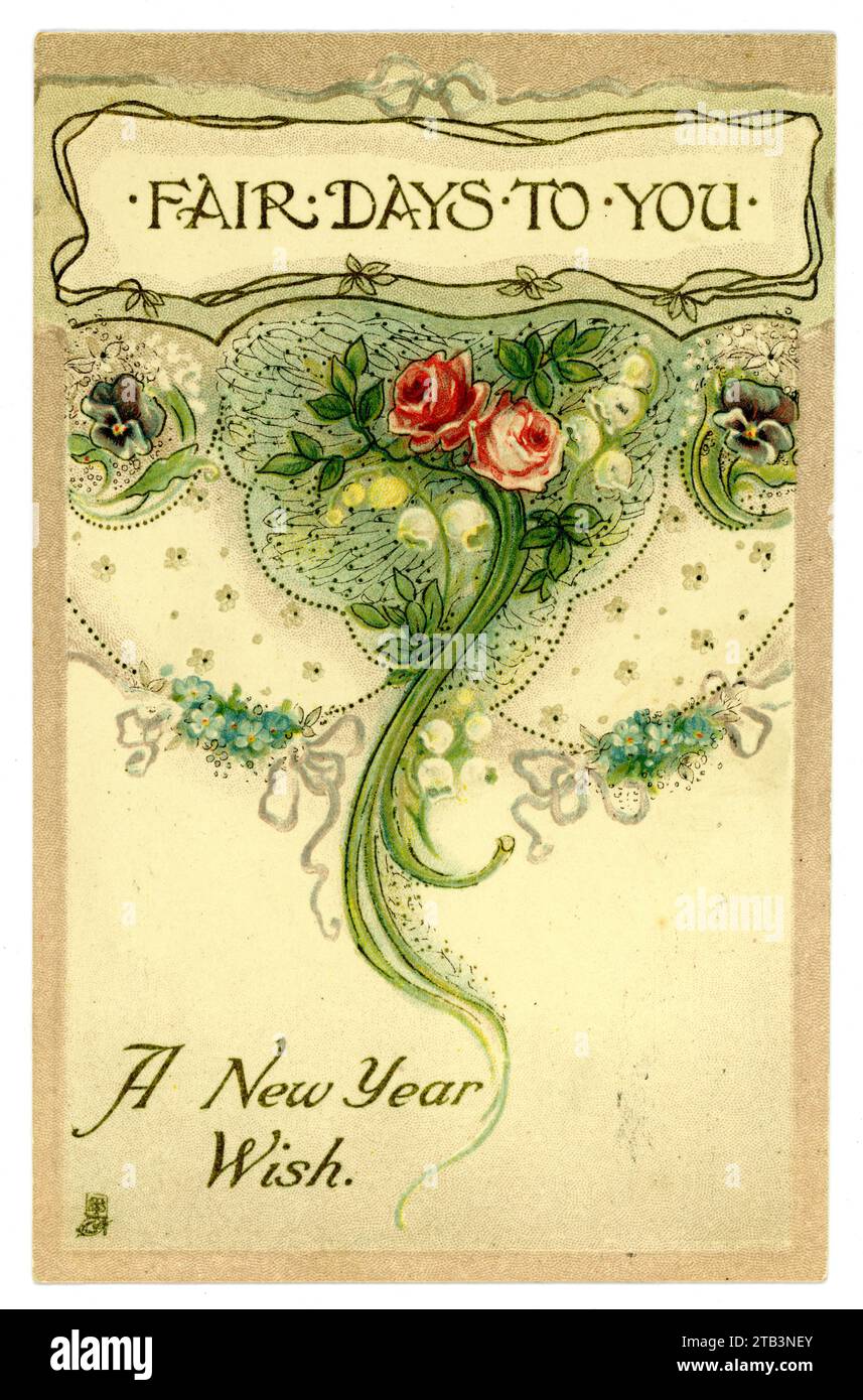 Il testo originale del biglietto d'auguri di Capodanno a tema floreale degli anni '1920 è "Fair Days to You" - della serie di Raphael Tuck New Year, pubblicato da Londra, dicembre 1922. Foto Stock
