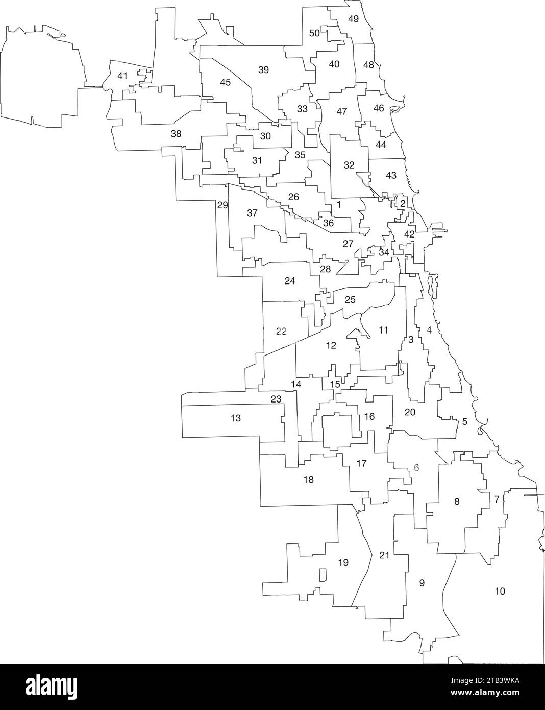 Carta dei ward numerati bianchi dei CONSIGLI DELLA CITTÀ DI CHICAGO, ILLINOIS Illustrazione Vettoriale