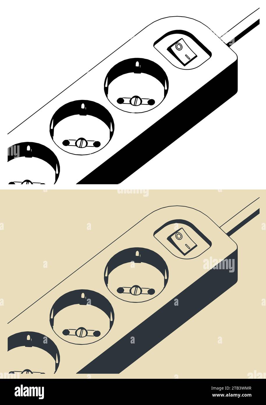 Illustrazioni vettoriali stilizzate della prolunga della presa di corrente in primo piano Illustrazione Vettoriale