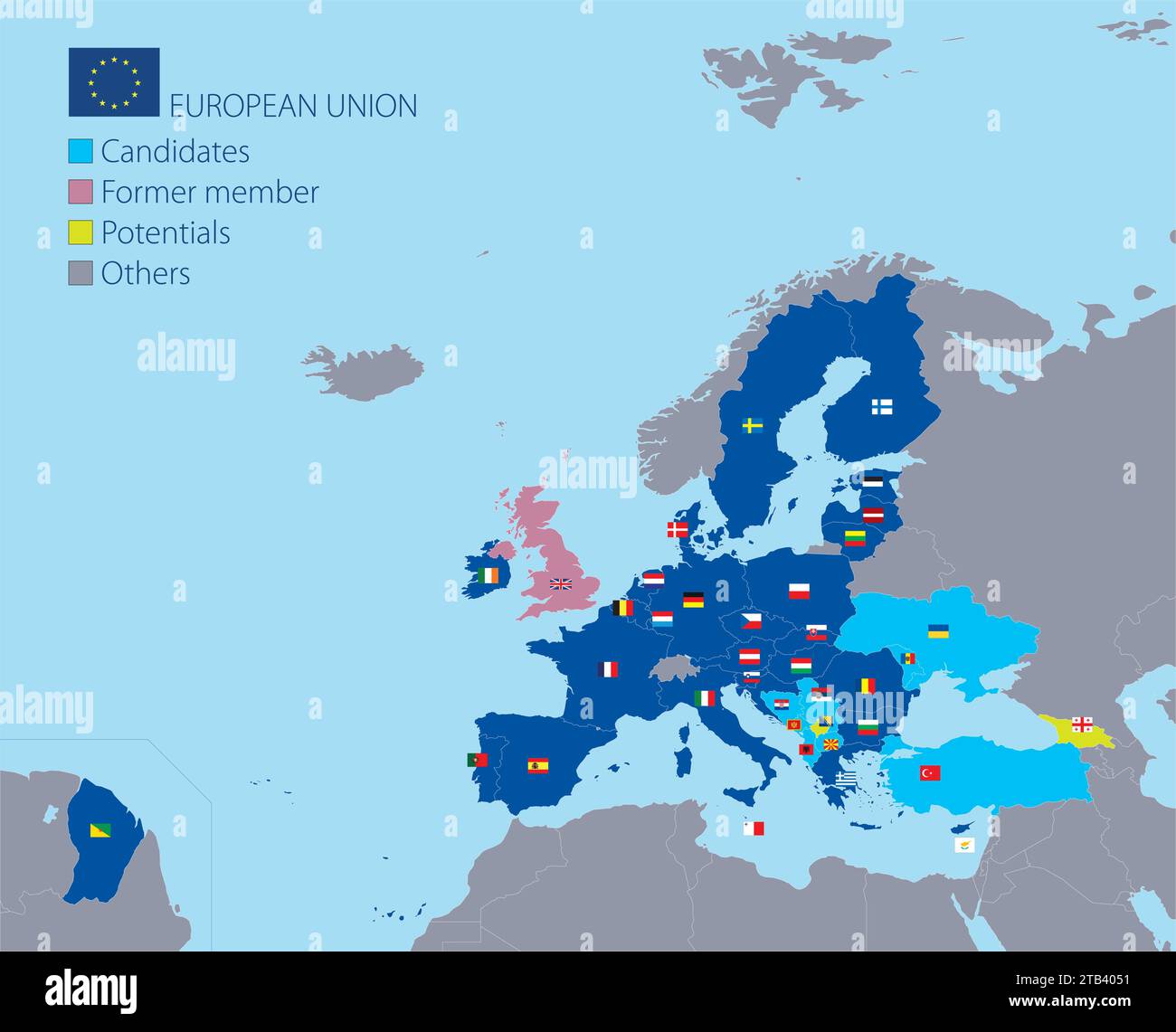 Mappa dell'Unione europea con frontiere, paesi membri, bandiere e candidati, illustrazione vettoriale Illustrazione Vettoriale