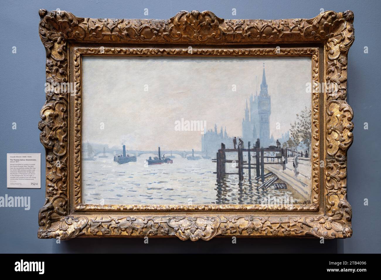Londra, Regno Unito - 19 maggio 2023: Il Tamigi sotto Westminster dell'impressionista francese Claude Monet, esposto alla National Gallery di Londra Foto Stock