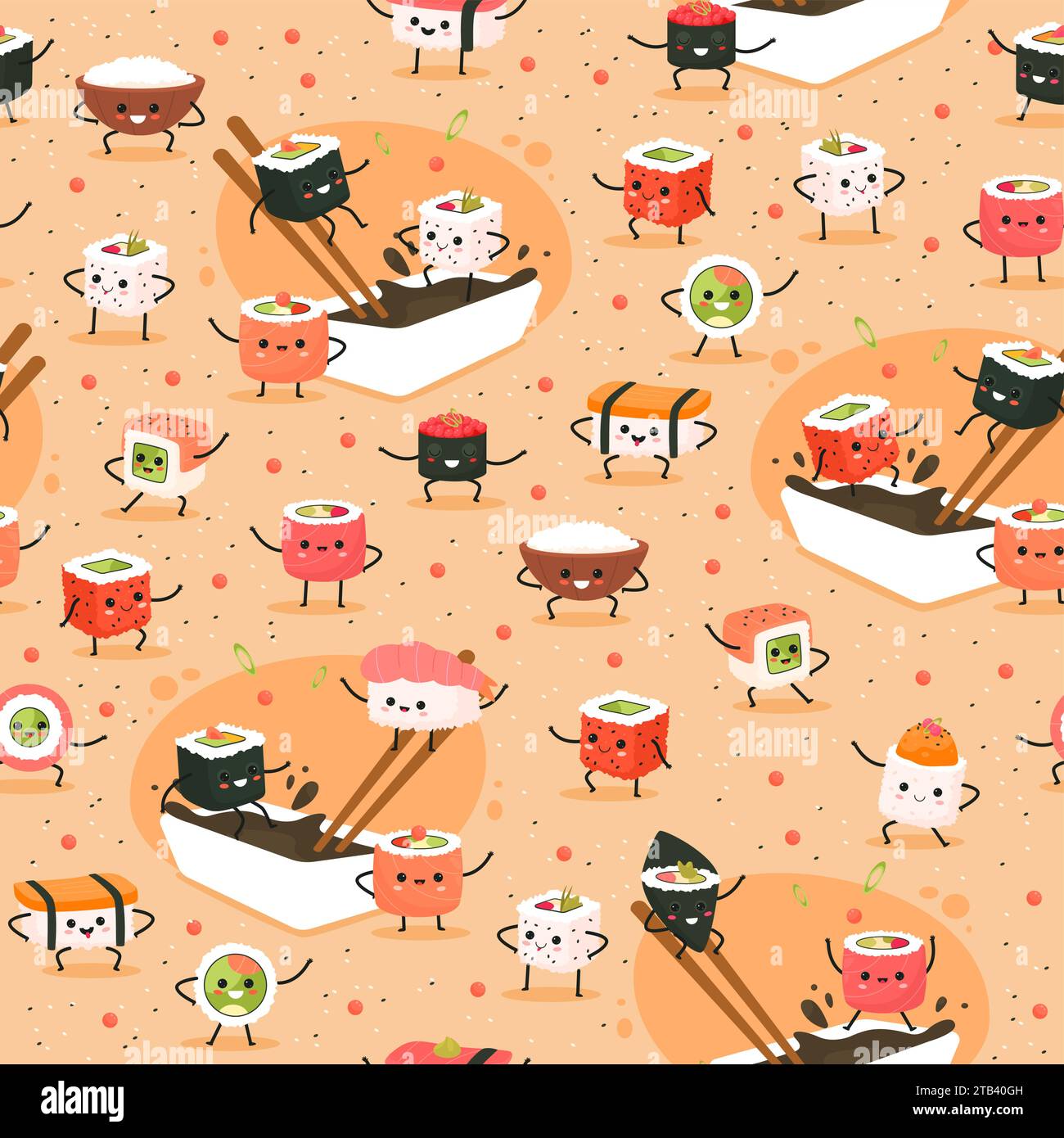 Sushi senza cuciture. Simpatici personaggi del cibo asiatico, pasto giapponese. Decorazioni tessuti da cucina, carta da rivestimento, carta da parati. Ruota facce kawaii Illustrazione Vettoriale