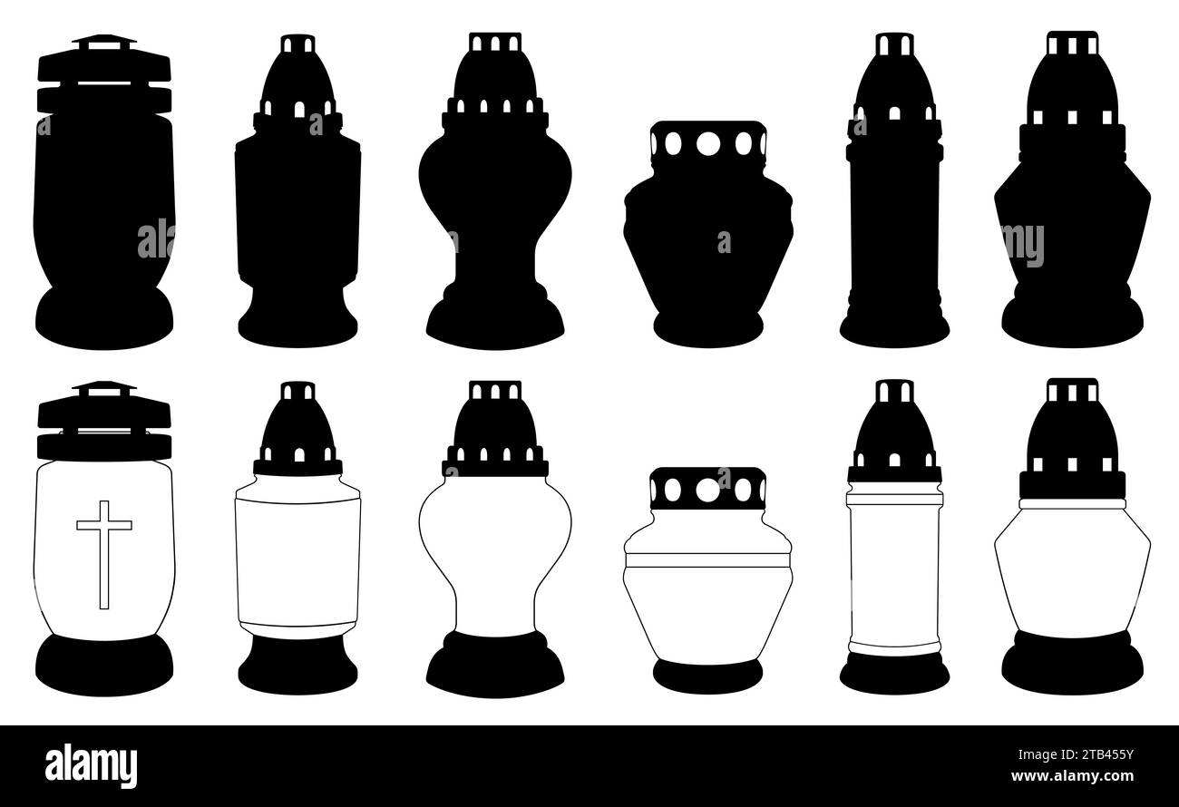 Collezione di diverse candele commemorative del cimitero isolate su bianco Foto Stock