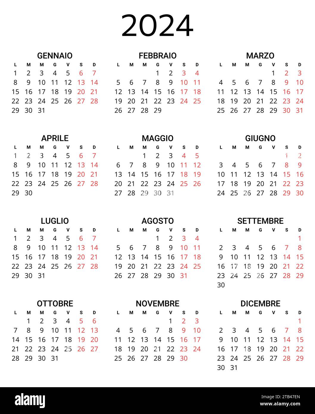 calendario italiano 2024. Illustrazione vettoriale stampabile e modificabile per l