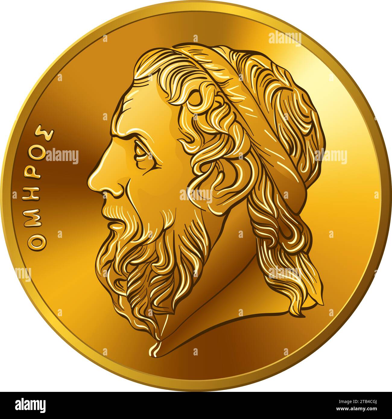 Diritto vettoriale di moneta greca, moneta d'oro da 50 dracme con profilo Omero Illustrazione Vettoriale